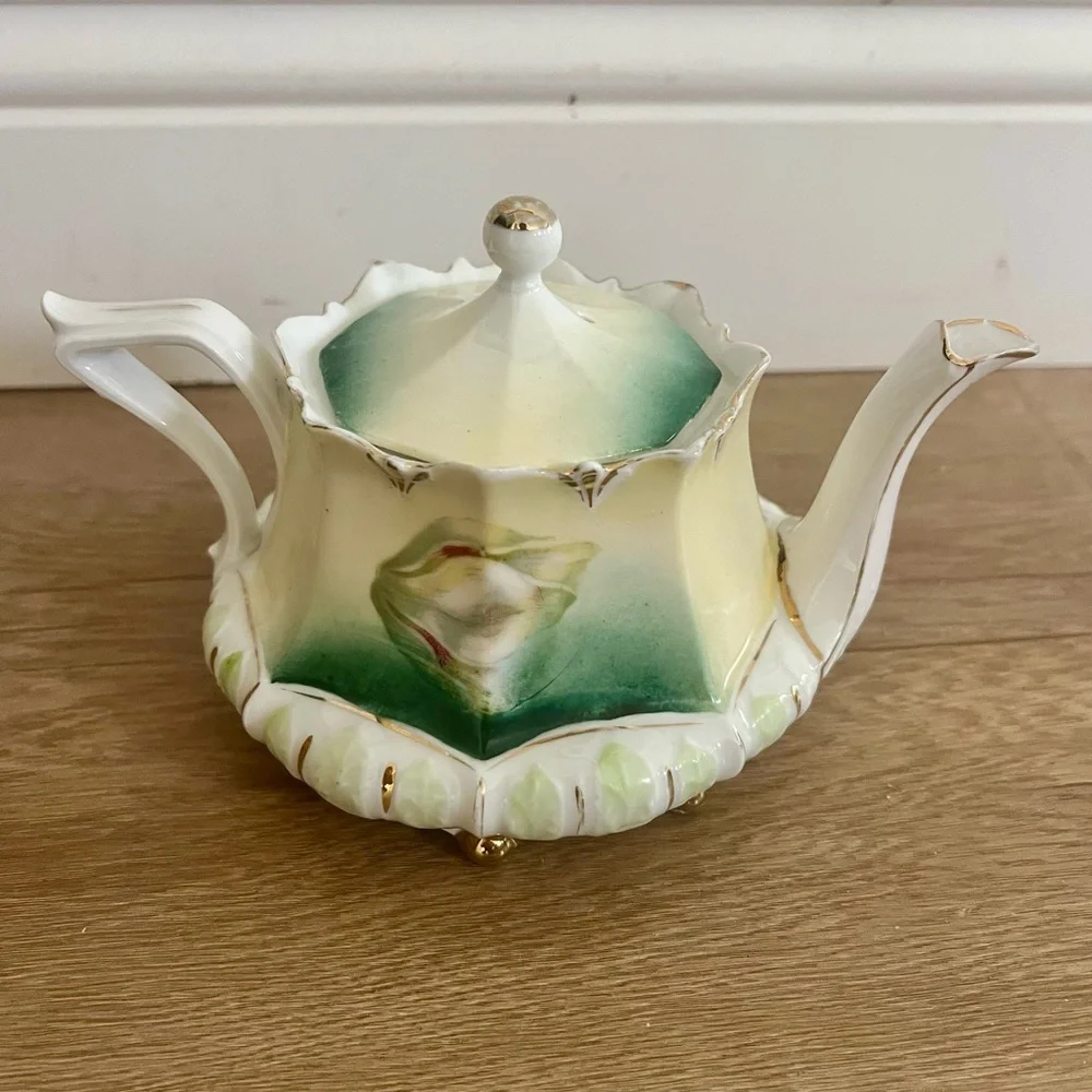 Antique RS Prussia Teapot Floral Rose Porcelain Green Wreath Mark c. 1870-1918‎